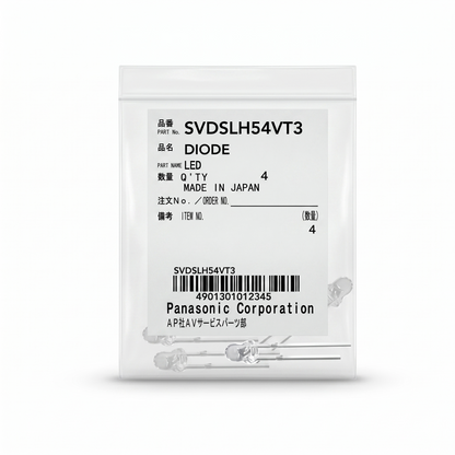 Genuine Panasonic Corporation product packaging for the Technics SVDSLH54VT3 Diode LED repair kit, showing a clear plastic bag with an official white labels printed with part numbers, a barcode, and "Made in Japan," containing 4 clear replacement LEDs.