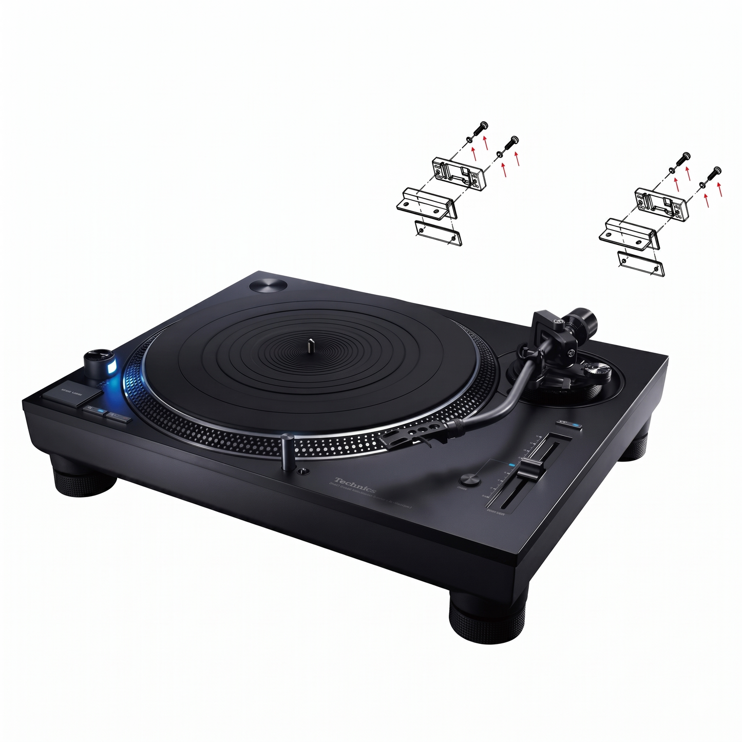 A high-angle studio shot of an all-black Technics DJ turntable isolated on a white background. Floating directly above the rear of the turntable are two small, exploded line-art diagrams featuring red arrows. These diagrams illustrate the installation placement and assembly order of the left and right dust cover hinge brackets, mounting blocks, screws, and washers onto the back of the chassis.