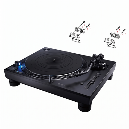 A high-angle studio shot of an all-black Technics DJ turntable isolated on a white background. Floating directly above the rear of the turntable are two small, exploded line-art diagrams featuring red arrows. These diagrams illustrate the installation placement and assembly order of the left and right dust cover hinge brackets, mounting blocks, screws, and washers onto the back of the chassis.