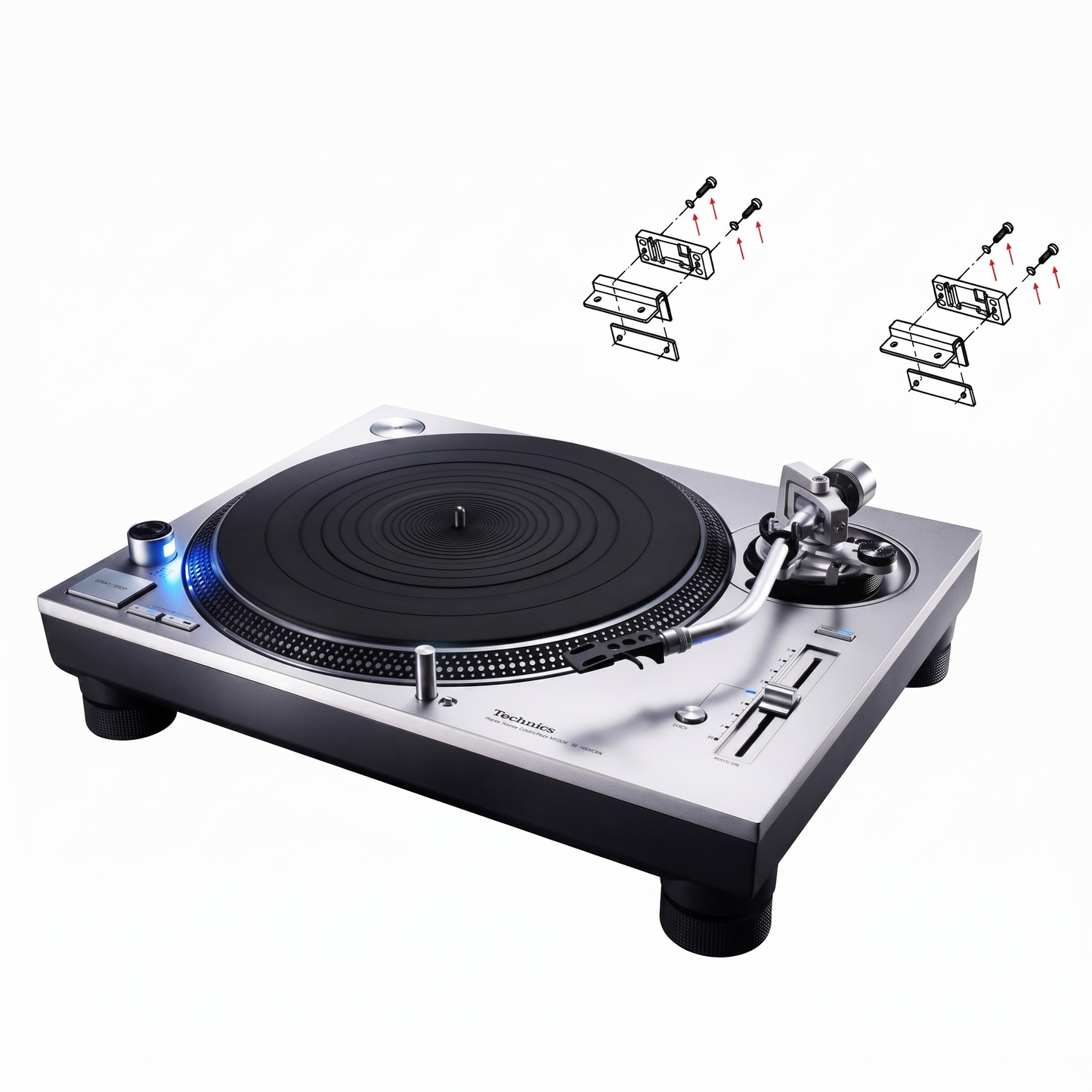 A high-angle studio shot of a classic silver and black Technics DJ turntable isolated on a white background. Floating directly above the rear of the turntable are two small, exploded line-art diagrams featuring red arrows. These diagrams illustrate the installation placement and assembly order of the left and right dust cover hinge brackets, mounting blocks, screws, and washers onto the back of the c