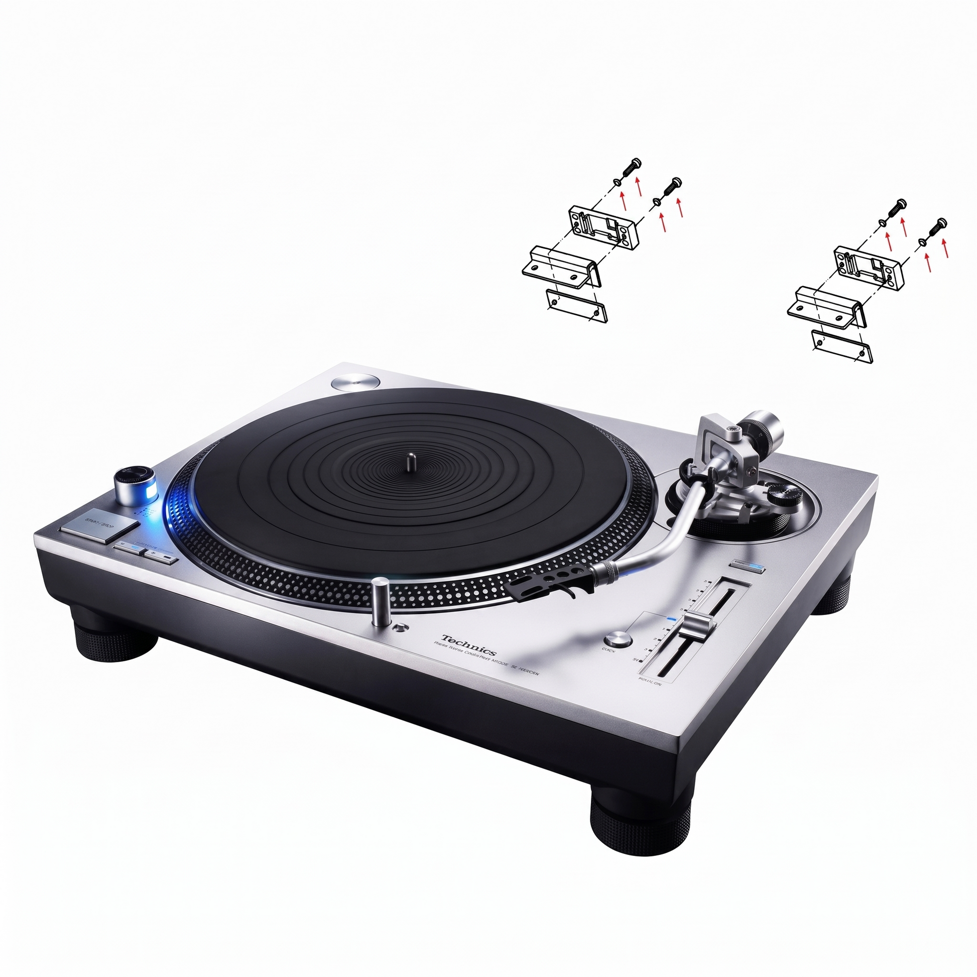 A high-angle studio shot of a classic silver and black Technics DJ turntable isolated on a white background. Floating directly above the rear of the turntable are two small, exploded line-art diagrams featuring red arrows. These diagrams illustrate the installation placement and assembly order of the left and right dust cover hinge brackets, mounting blocks, screws, and washers onto the back of the c