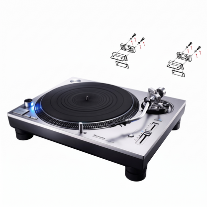 A high-angle studio shot of a classic silver and black Technics DJ turntable isolated on a white background. Floating directly above the rear of the turntable are two small, exploded line-art diagrams featuring red arrows. These diagrams illustrate the installation placement and assembly order of the left and right dust cover hinge brackets, mounting blocks, screws, and washers onto the back of the c