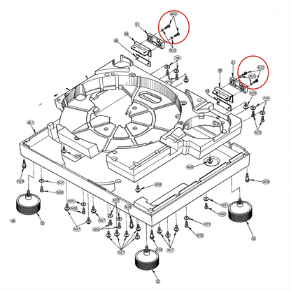 A complex technical exploded service manual diagram of a turntable chassis on a white background, detailing numerous labeled parts, screws, and rubber feet. Two specific areas at the upper rear corners are highlighted with large red circles, focusing on the dust cover hinge assemblies where the hardware parts labeled "N32" (screws) and "N33" (washers) are installed.