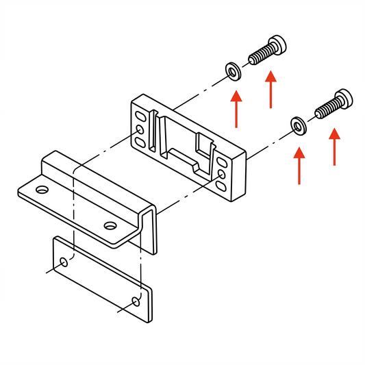 A black and white line-art exploded diagram illustrating the assembly of a turntable dust cover hinge bracket on a white background. Dashed alignment lines show how a flat metal plate, an L-shaped bracket, and a rectangular mounting block connect together. Four bright red arrows point upward to emphasise two assembly screws and two washers on the right side, showing exactly how they thread into the