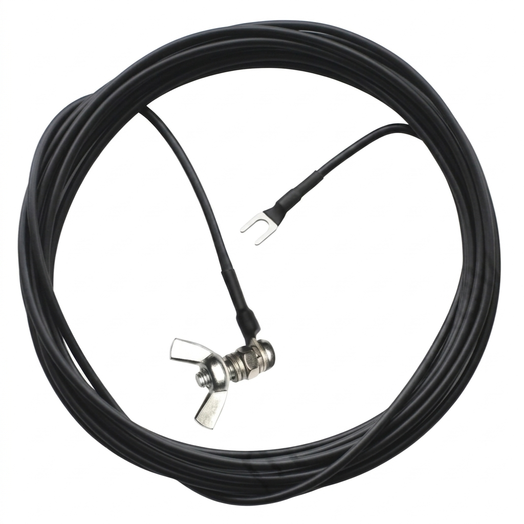 Coiled black cable with metal connectors on a white background
