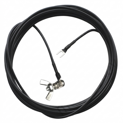 Coiled black cable with metal connectors on a white background