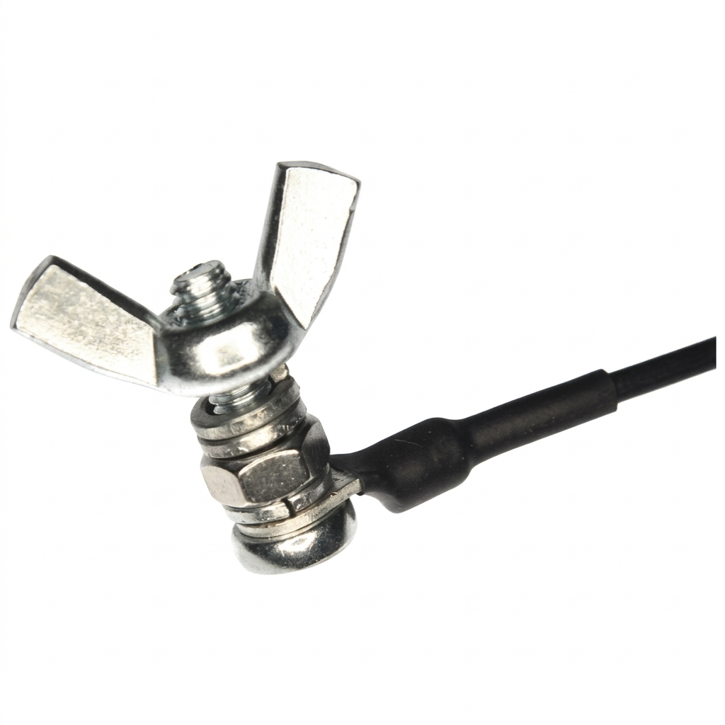 Metal wingnut with a black cable on a white background