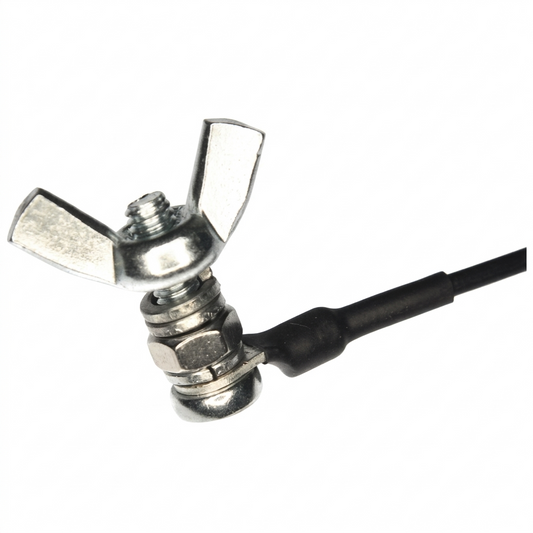 Metal wingnut with a black cable on a white background
