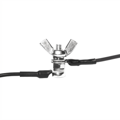 Metal butterfly valve with black cables on a white background