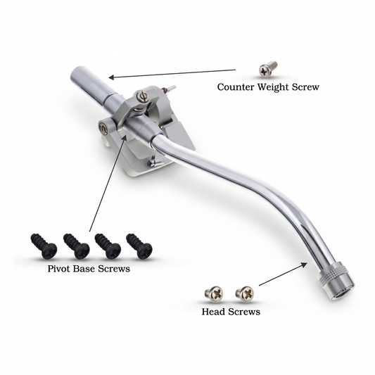 The image shows several black arrows pointing from specific hardware components to their respective installation points on the tonearm. The components are organised as follows: Counterweight Screw: A single silver Phillips head screw located at the top right, with an arrow pointing to the gimbal/pivot assembly housing. Head Screws: Two small silver screws located at the bottom right, with an arrow pointing toward the front connector where the headshell attaches.