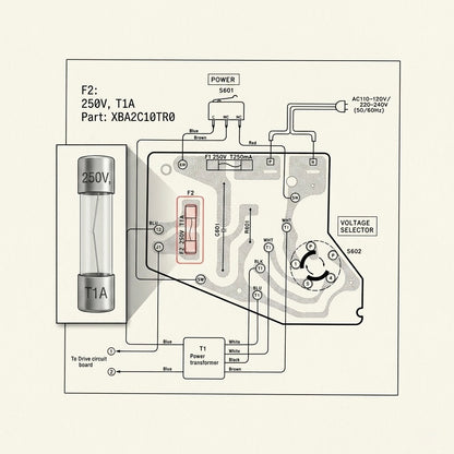 Technics turntable power circuit board diagram showing the F2 glass fuse location and specifications (250V, T1A, Part XBA2C10TR0).