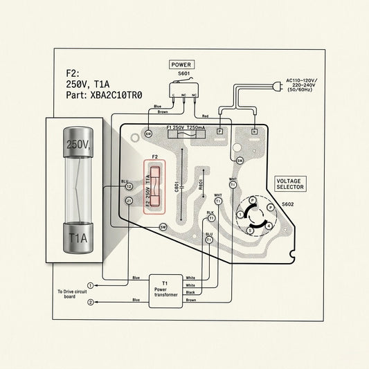 Technics turntable power circuit board diagram showing the F2 glass fuse location and specifications (250V, T1A, Part XBA2C10TR0).