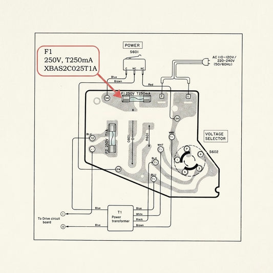 Technics turntable power schematic diagram showing the physical location and technical specs for the F1 power supply glass fuse (Panasonic part XBAS2C025T1A).
