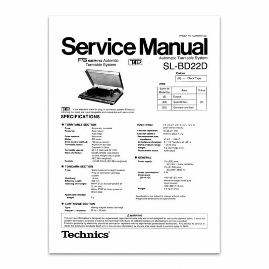 A high-resolution scan of the official Technics SL-BD22D automatic turntable system service manual cover page, displaying comprehensive technical specifications, a regional model suffix table, a product photo of the black turntable with dust cover open, and the Technics brand logo at the bottom.