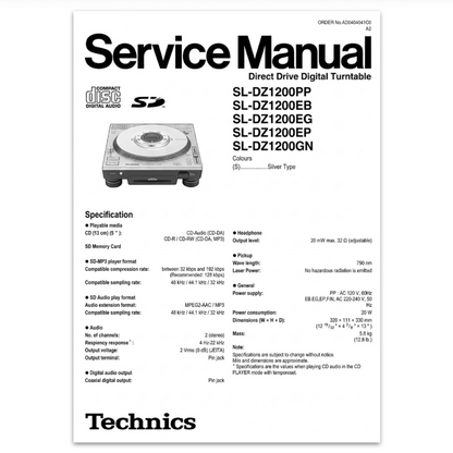 Front cover of the official Technics SL-DZ1200 service manual for Direct Drive Digital Turntable models PP, EB, EG, EP, and GN, featuring technical specifications and a product image.