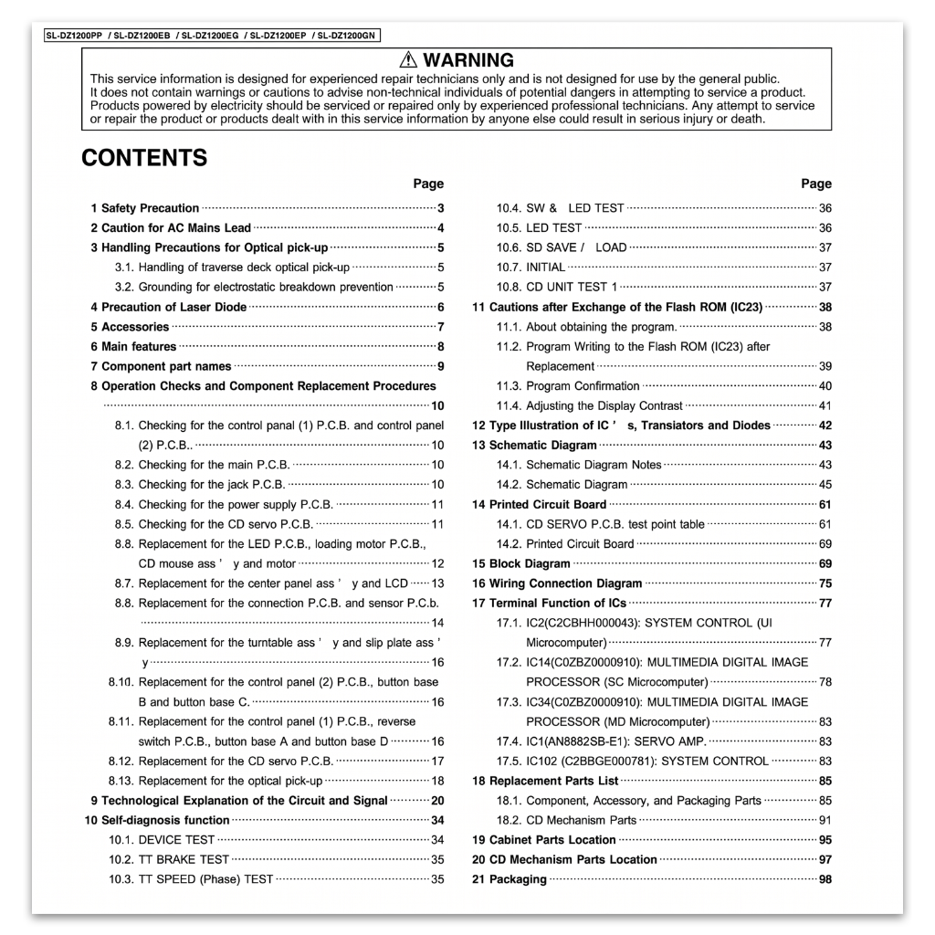 Table of contents page from the Technics SL-DZ1200 service manual, outlining sections for schematic diagrams, printed circuit boards, troubleshooting, and replacement parts for models SL-DZ1200PP, EB, EG, EP, and GN.