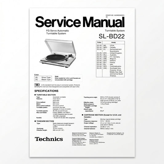 An high-resolution reproduction of the front cover of a vintage service manual, formatted in a square 1024 x 1024 pixel layout based on the original document "Technics Sl-BD22 Service Manual".