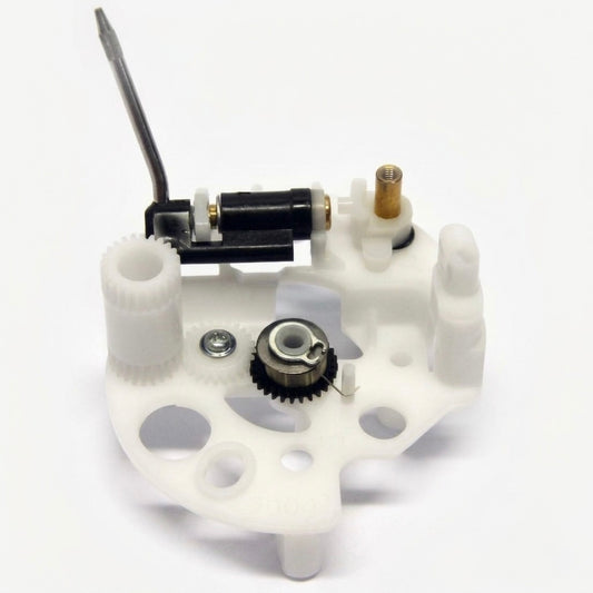 A high-resolution studio photograph of a Technics Tone Arm Fixing Plate assembly (SFPAB18201K) set against a seamless white background. The intricate mechanical component consists of a white plastic base plate with several circular weight-reduction holes. Integrated onto the base are various gears and linkages, including a vertical white cylindrical gear on the left, a small center gear locked with a silver screw, and a black gear fitted with a coiled metallic anti-skate or return spring.