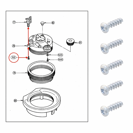 A product and technical diagram split into two sections against a white background. On the left, a black-and-white technical schematic shows an exploded view of a turntable tonearm base assembly, featuring numbered components (77 through 82, N45, and N46) with a red circle highlighting label "N3" and red arrows pointing to the installation path of a small screw into the tonearm rest. On the right, five identical high-resolution photographs of small silver Phillips-head machine screws are stacked vertically 