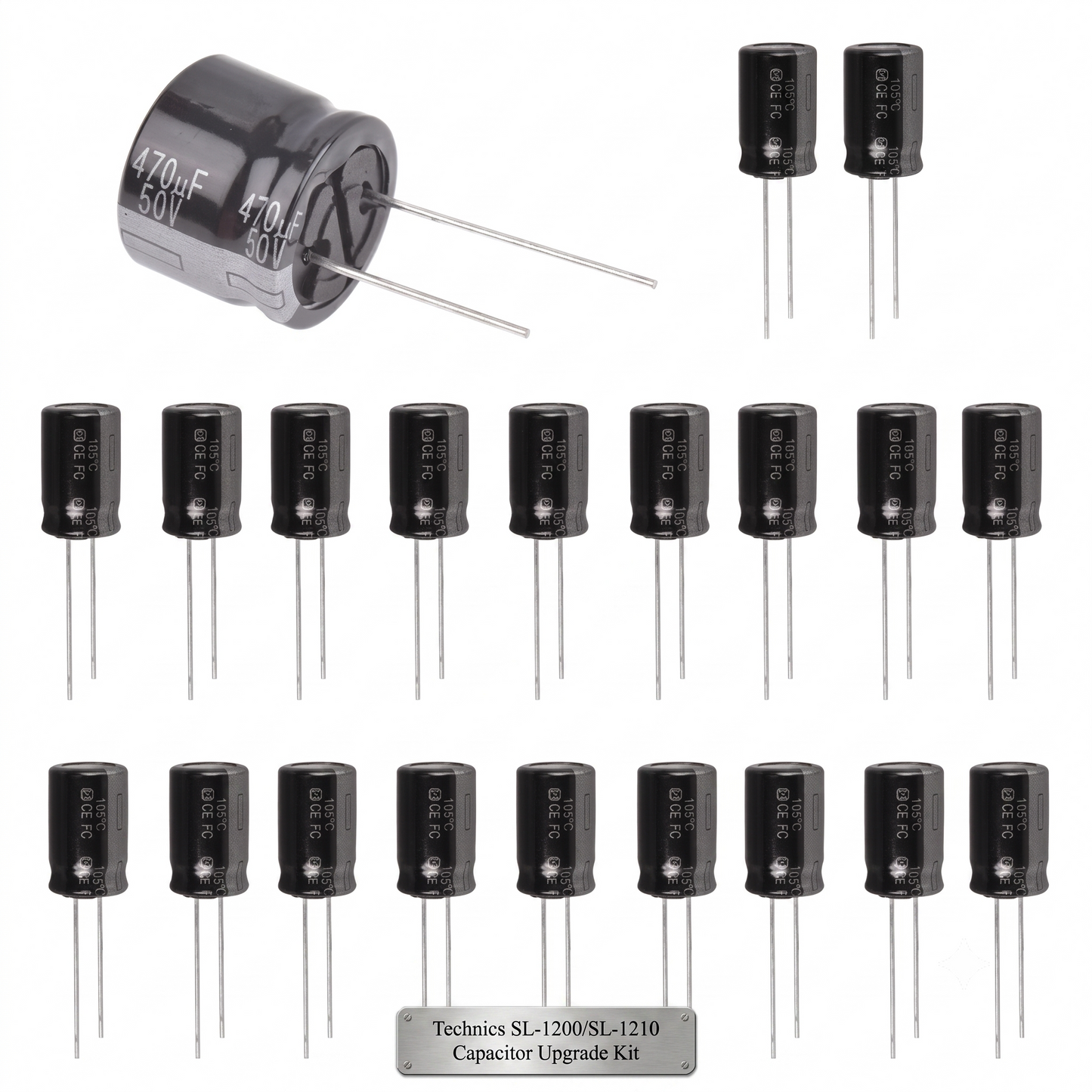 A capacitor upgrade kit containing multiple black radial lead electrolytic capacitors, with one larger capacitor shown at an angle and a small label at the bottom reading 'Technics SL+1200/SL-1210 Capacitor Upgrade Kit'.