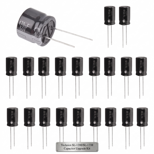 A capacitor upgrade kit containing multiple black radial lead electrolytic capacitors, with one larger capacitor shown at an angle and a small label at the bottom reading 'Technics SL+1200/SL-1210 Capacitor Upgrade Kit'.