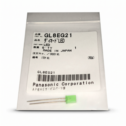 A small Panasonic LED light component in a clear plastic package with a white label reading GL8EG21, shown on a white background.