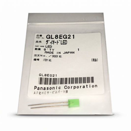 A small Panasonic LED light component in a clear plastic package with a white label reading GL8EG21, shown on a white background.