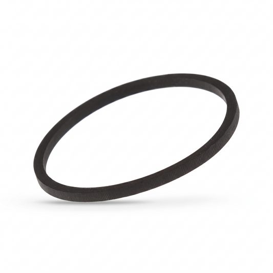 A high-resolution, clean product photograph of a small, black rubber drive belt. The circular belt is positioned at a tilted angle against a solid, seamless white background. It features a square-cut, flat profile with subtle textured vertical ridges along its outer edge. A soft, light grey shadow is cast directly underneath it, giving the object a slight sense of depth and dimension.