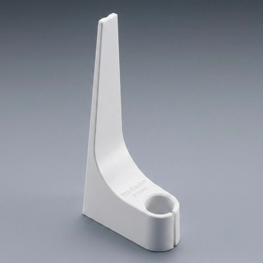 A high-definition product photograph of a white Technics overhang gauge, a vinyl turntable accessory used for cartridge alignment. The L-shaped plastic tool stands vertically on a smooth, solid grey background, showcasing its clean lines and minimalist design. The base of the gauge features the embossed text "Technics 52mm" and holds a cylindrical opening designed for a turntable headshell. Subtle, faint measurement hash marks are visible along its inner curved slope.