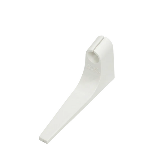A white plastic Technics overhang gauge tool for turntable cartridge alignment, angled diagonally on a plain white background. The tool features a long, tapered pointer end and a raised, rounded cylindrical collar on the opposite end with a slot down the middle.