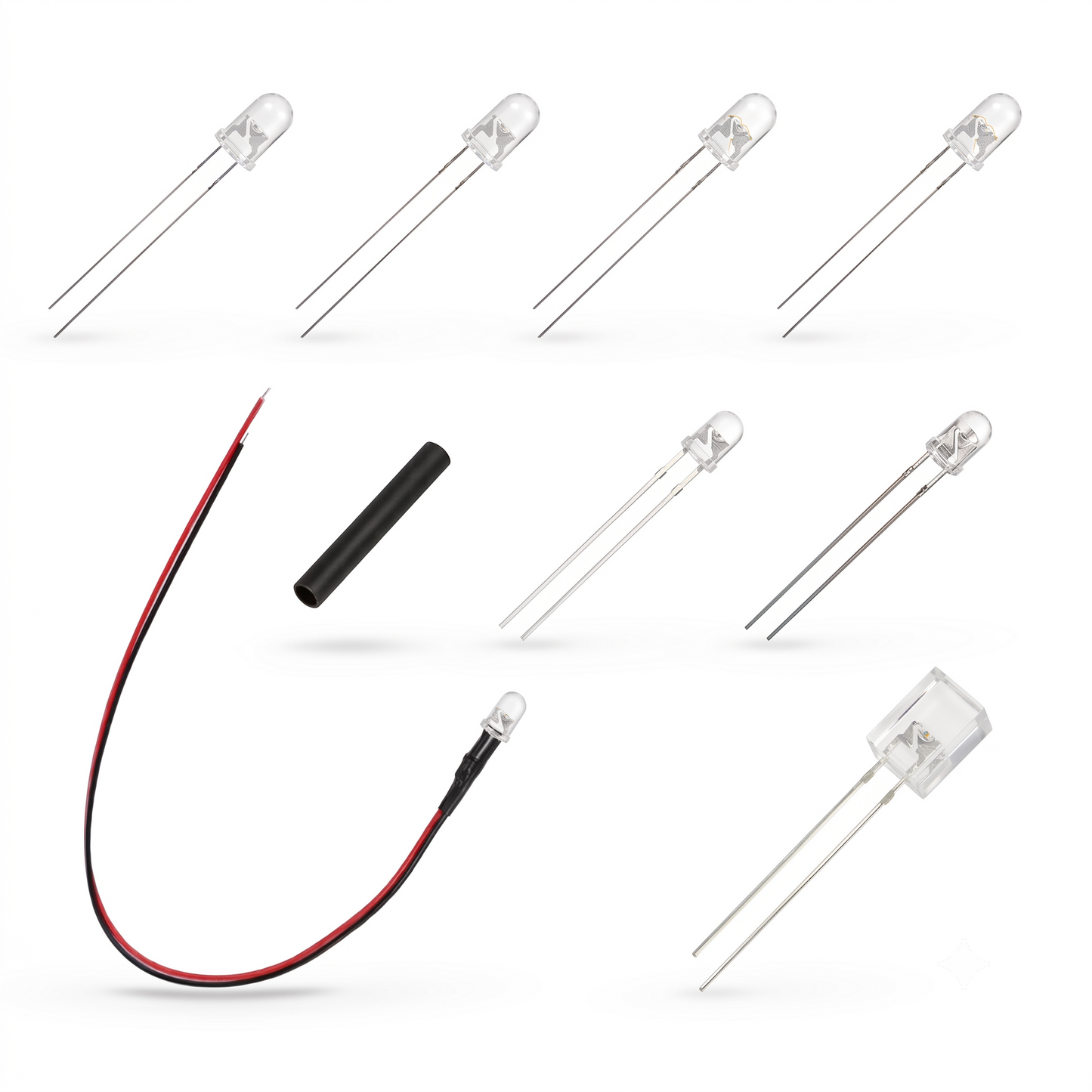 A set of small clear LED light-emitting diodes shown on a white background, including several plain round-tip LEDs, a red-and-black wire LED, and a black cylindrical component.