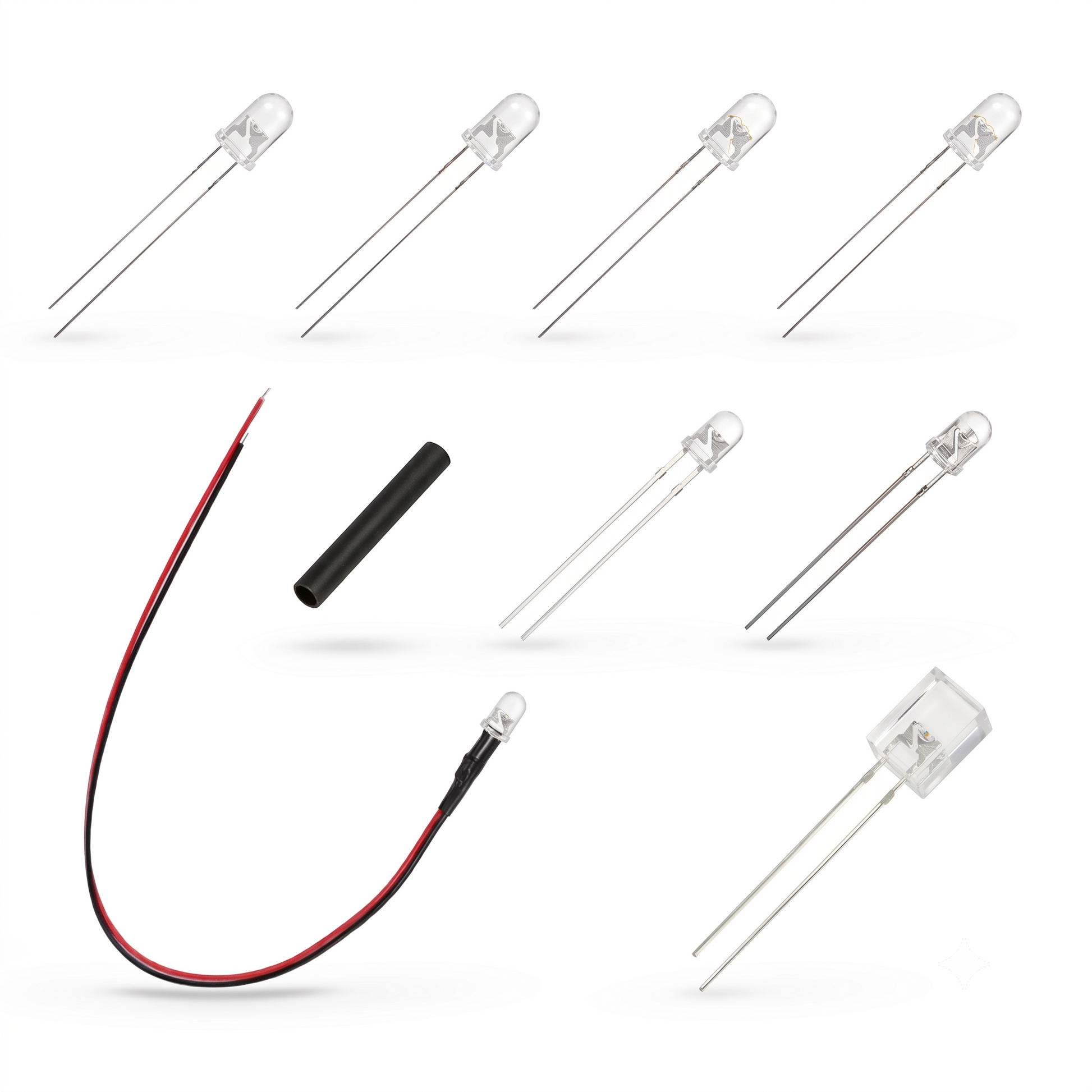 A set of small clear LED light-emitting diodes shown on a white background, including several plain round-tip LEDs, a red-and-black wire LED, and a black cylindrical component.