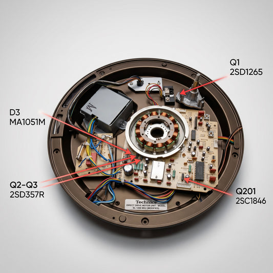 An overhead shot showing the internal circuitry and direct drive motor unit of a modified Technics SL-1200 MK2 turntable. Red arrows point out the component locations for a power regulation repair kit.