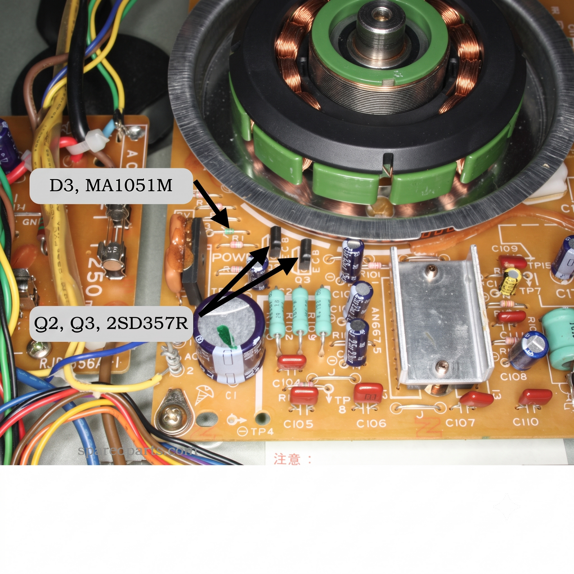 A close-up shot focusing on the left section of the main circuit board inside a Technics SL-1200 or SL-1210 turntable, highlighting components near the power supply section. Black arrows point to specific parts on the tan printed circuit board (PCB): D3, MA1051M: A top arrow points to a small, glass-encased diode labeled "D3" located just below the edge of the circular motor stator. Q2, Q3, 2SD357R: Two lower arrows point to a pair of small, black, three-pronged transistors sitting side-by-side (labeled on 
