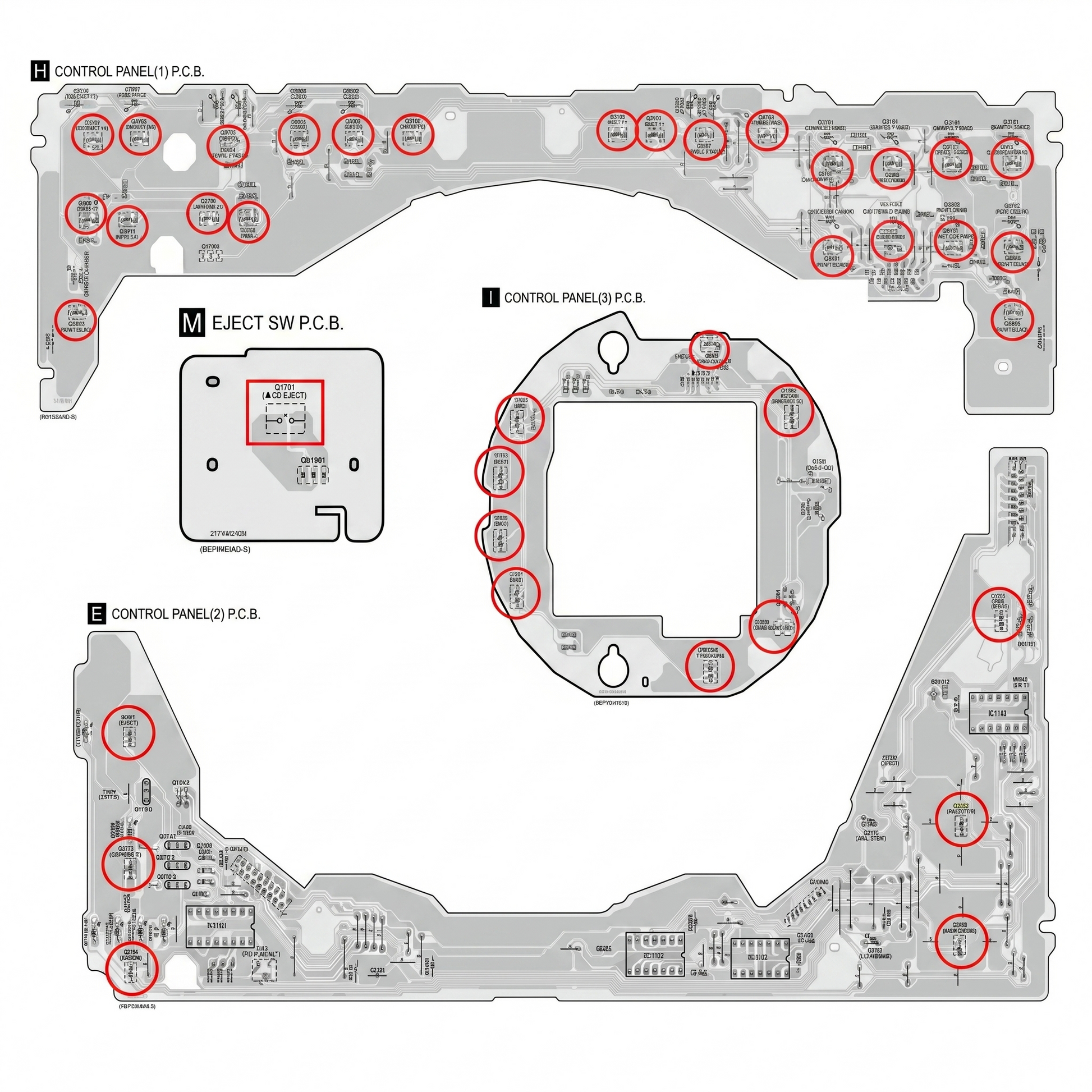Here is the alt text for the image Technics SL-DZ1200 PCB Switch location.png:

A high-resolution technical diagram over a white background showing a black and white circuit board trace layout for the Technics SL-DZ1200 digital turntable. The diagram is divided into sections labeled "H CONTROL PANEL(1) P.C.B.", "M EJECT SW P.C.B.", "I CONTROL PANEL(3) P.C.B.", and "E CONTROL PANEL(2) P.C.B.". Dozens of specific tactile switch positions and component circuit references are highlighted across the boards insid