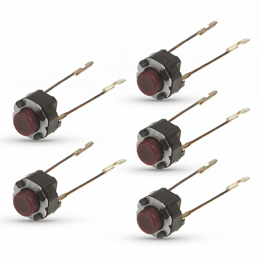 Clean studio shot against a seamless white background showing five identical electronic component switches arranged in two vertical rows. Each component is a small tactile switch featuring a circular, dark red or maroon button plunger housed in a black and silver metal casing. Extending from the rear of each switch are two long, thin metallic solder terminals with notched tips, casting soft drop shadows beneath them.
