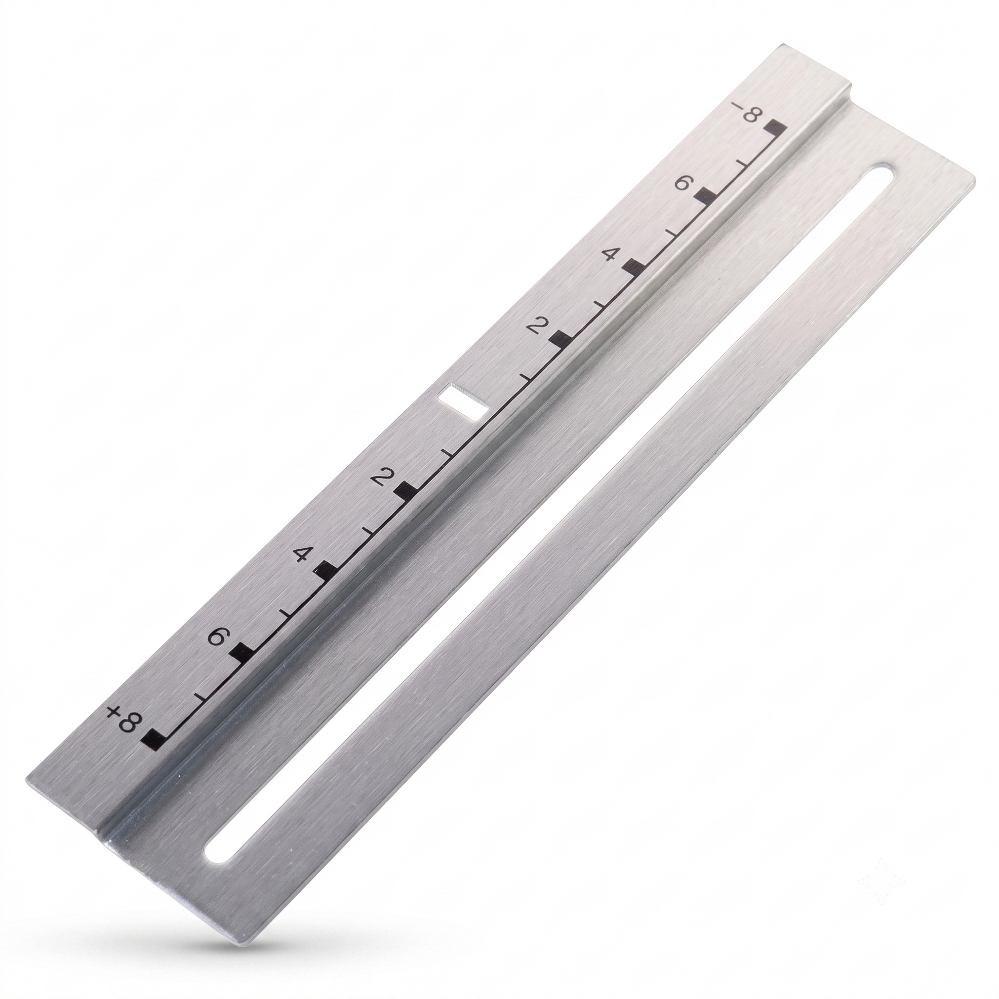 An elevated view of a metal pitch control fader plate featuring a range of markings from "-8" to "+8" and a vertical slot in the centre against a plain white background. The part is made of brushed metal and is rectangular in shape. It has a slight lip on the top side.