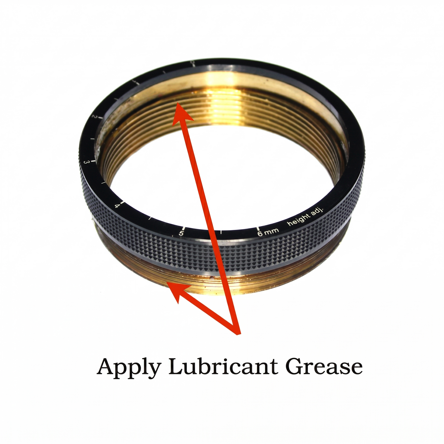 Mechanical component with a red arrow indicating where to apply lubricant grease on a white background.