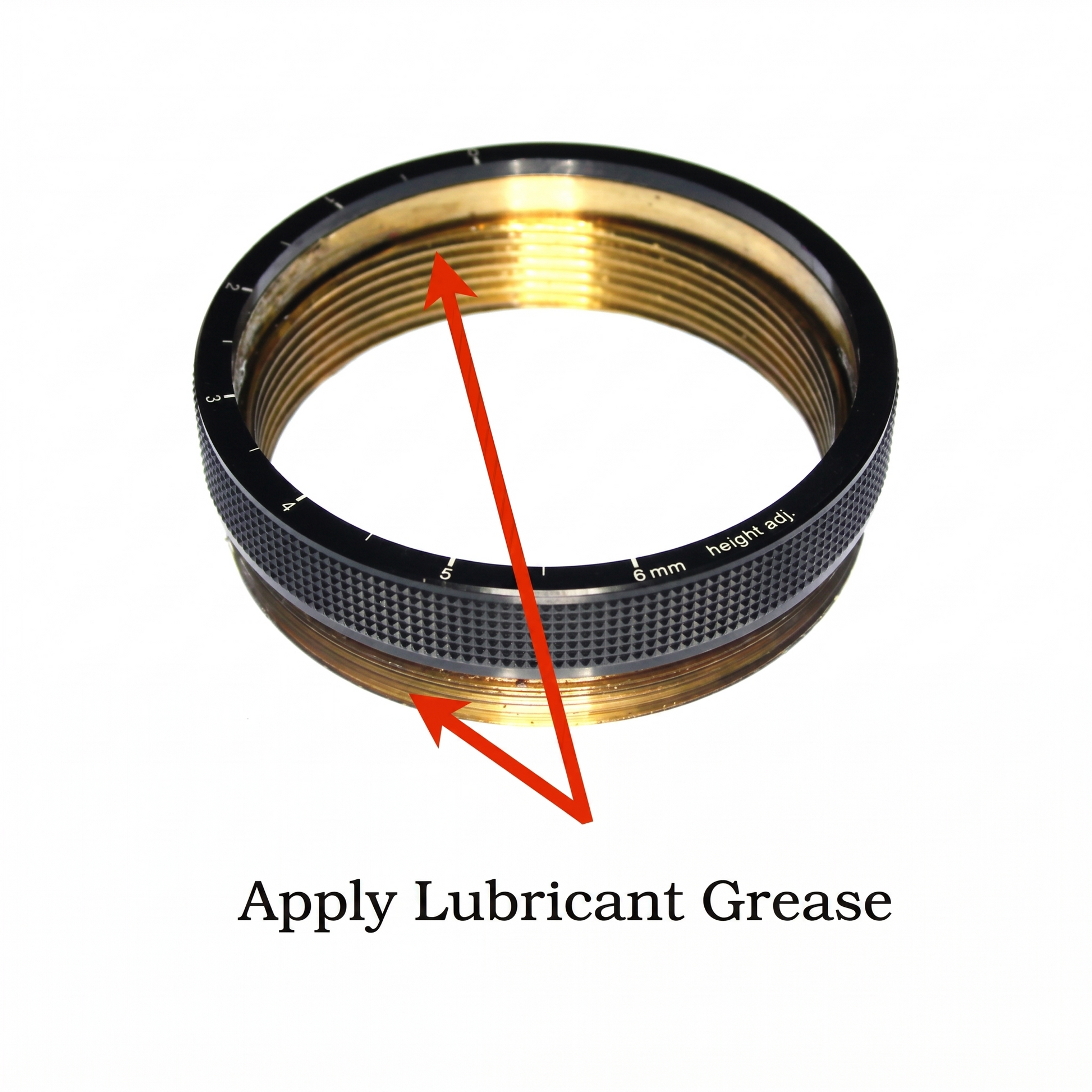 Mechanical component with a red arrow indicating where to apply lubricant grease on a white background.