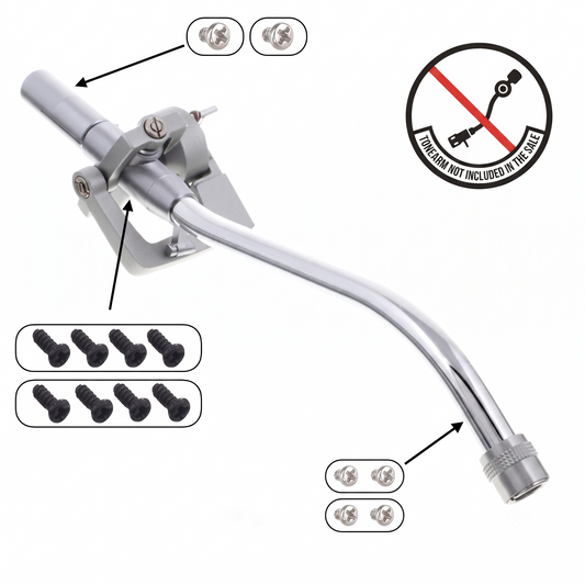 An instructional product graphic displays a complete silver S-shaped Technics tonearm assembly against a white background to illustrate a replacement screw set.