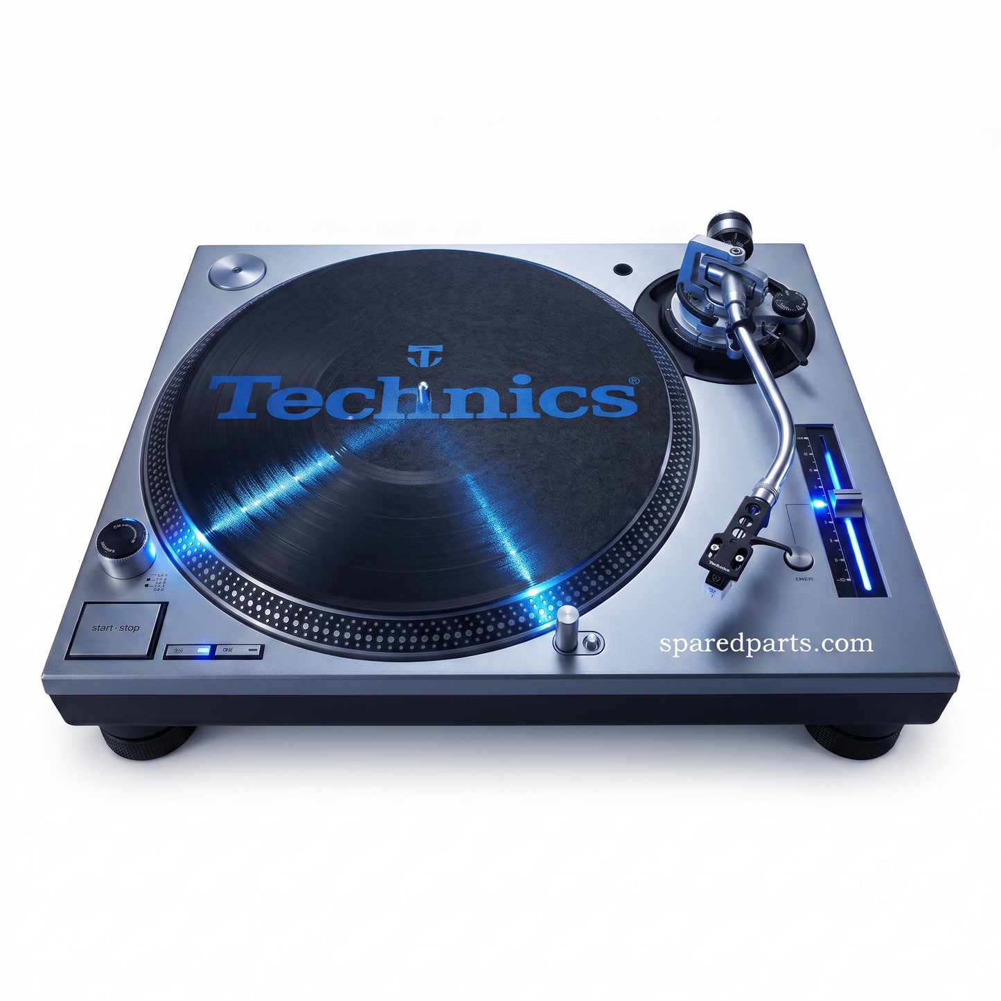 A Technics turntable with a brushed silver metal chassis, black plinth and platter, and blue LED lighting accents, shown from a high angle on a white background.