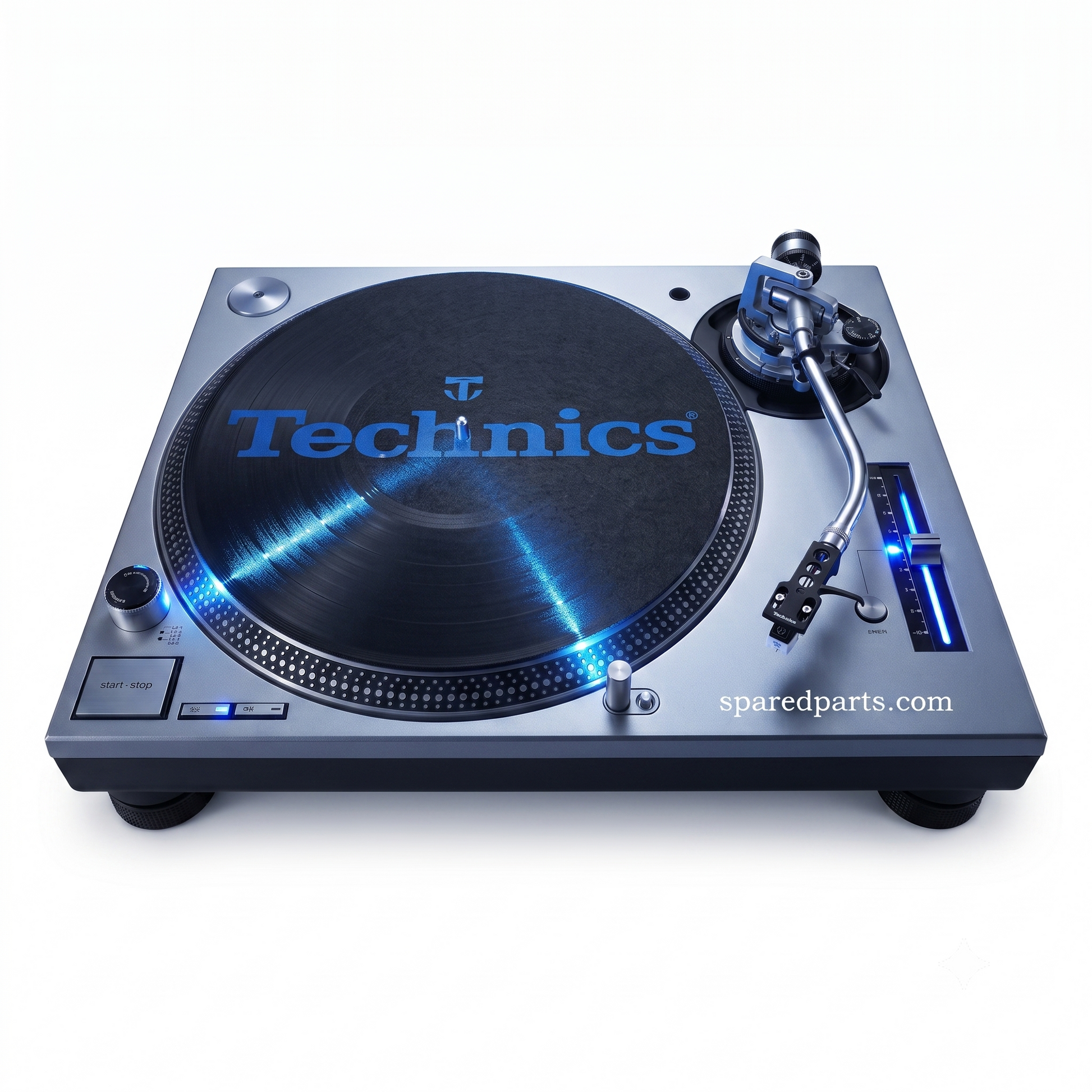 A Technics turntable with a brushed silver metal chassis, black plinth and platter, and blue LED lighting accents, shown from a high angle on a white background.