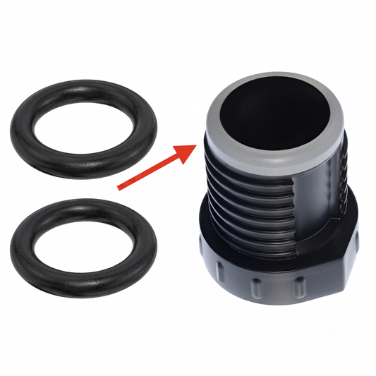 A black threaded pipe fitting or connector shown on a white background, with two black rubber O-rings and a red arrow pointing toward the fitting.