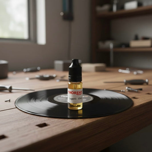 Bottle of Thorens Liqueur on a vinyl record with a blurred room background
