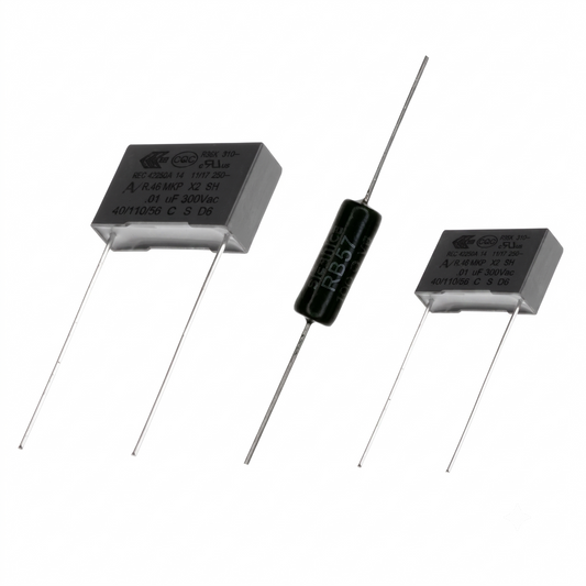 Three electronic radial lead capacitors on a plain white background: two larger gray rectangular capacitors and one smaller black cylindrical capacitor in the center.