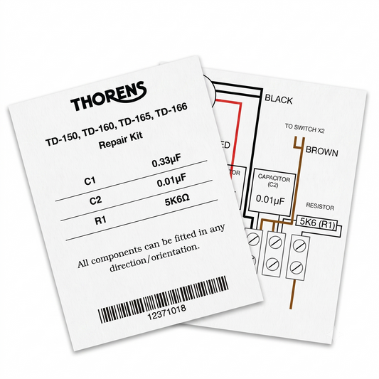 Two white paper repair kit cards for a Thorens TD-150, TD-160, TD-165, and TD-166 repair kit, displayed on a clean white background.