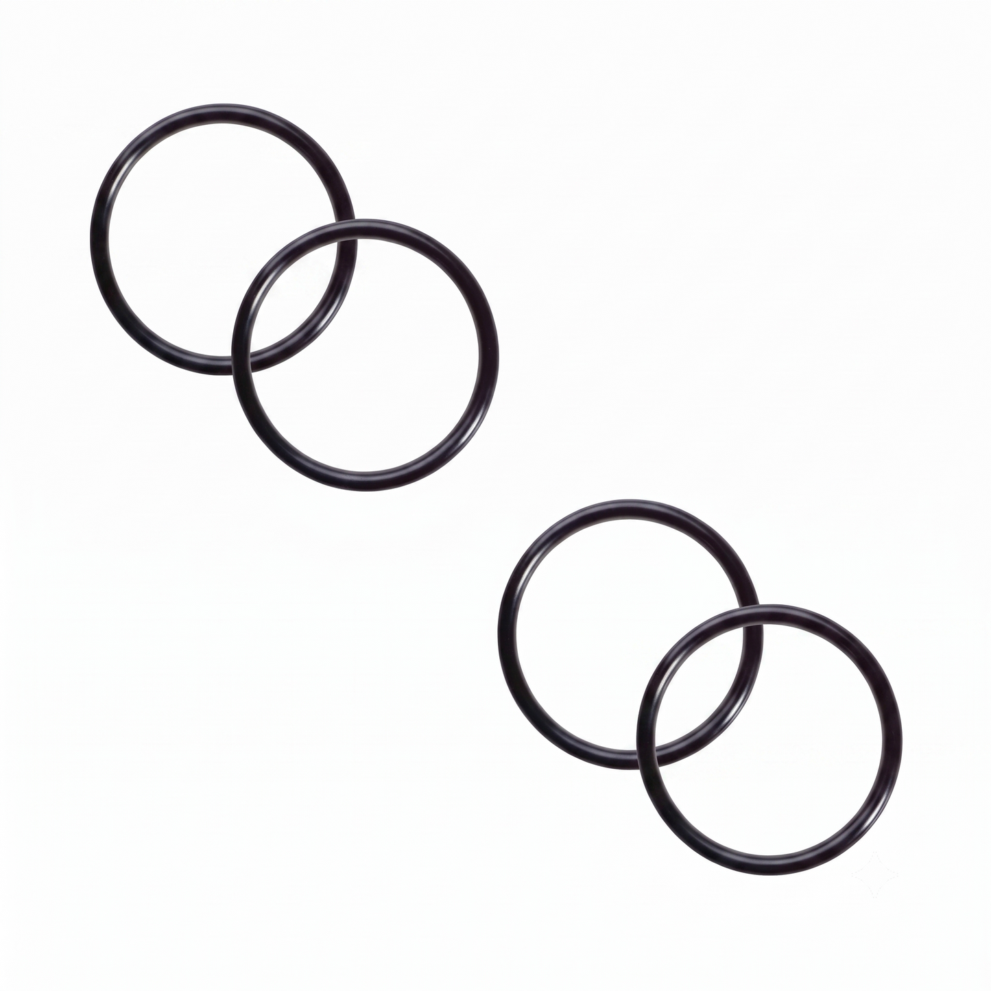 Four black rubber O-rings arranged in two pairs on a plain white background.
