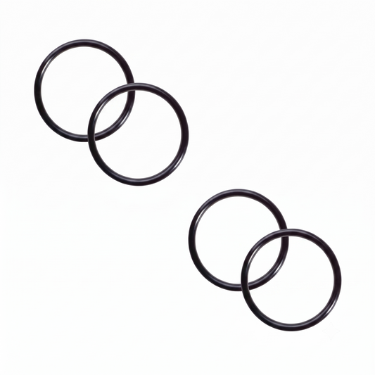 Four black rubber O-rings arranged in two pairs on a plain white background.