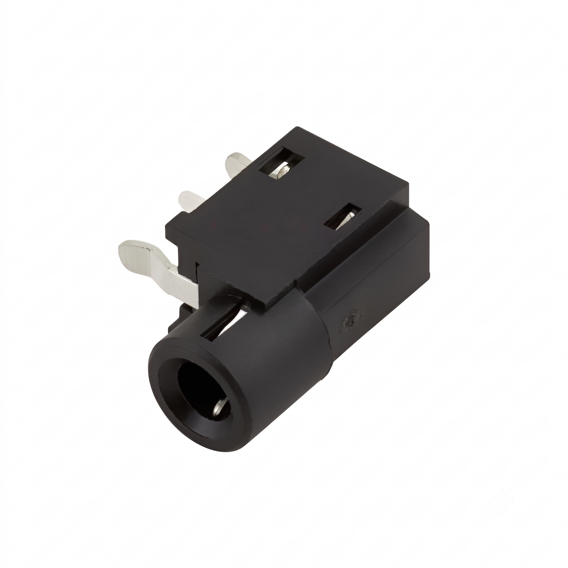 A black audio jack plug adapter with white internal contacts, shown on a plain white background.