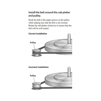 An instructional diagram for installing a turntable drive belt.

At the top, the text reads: "Install the belt around the sub platter and pulley. Hook the belt to the upper groove on the pulley while making sure that the belt is not twisted. Rotate the sub platter clockwise to ensure that the belt will be well seated."

Below the text are two diagrams comparing correct and incorrect setups: